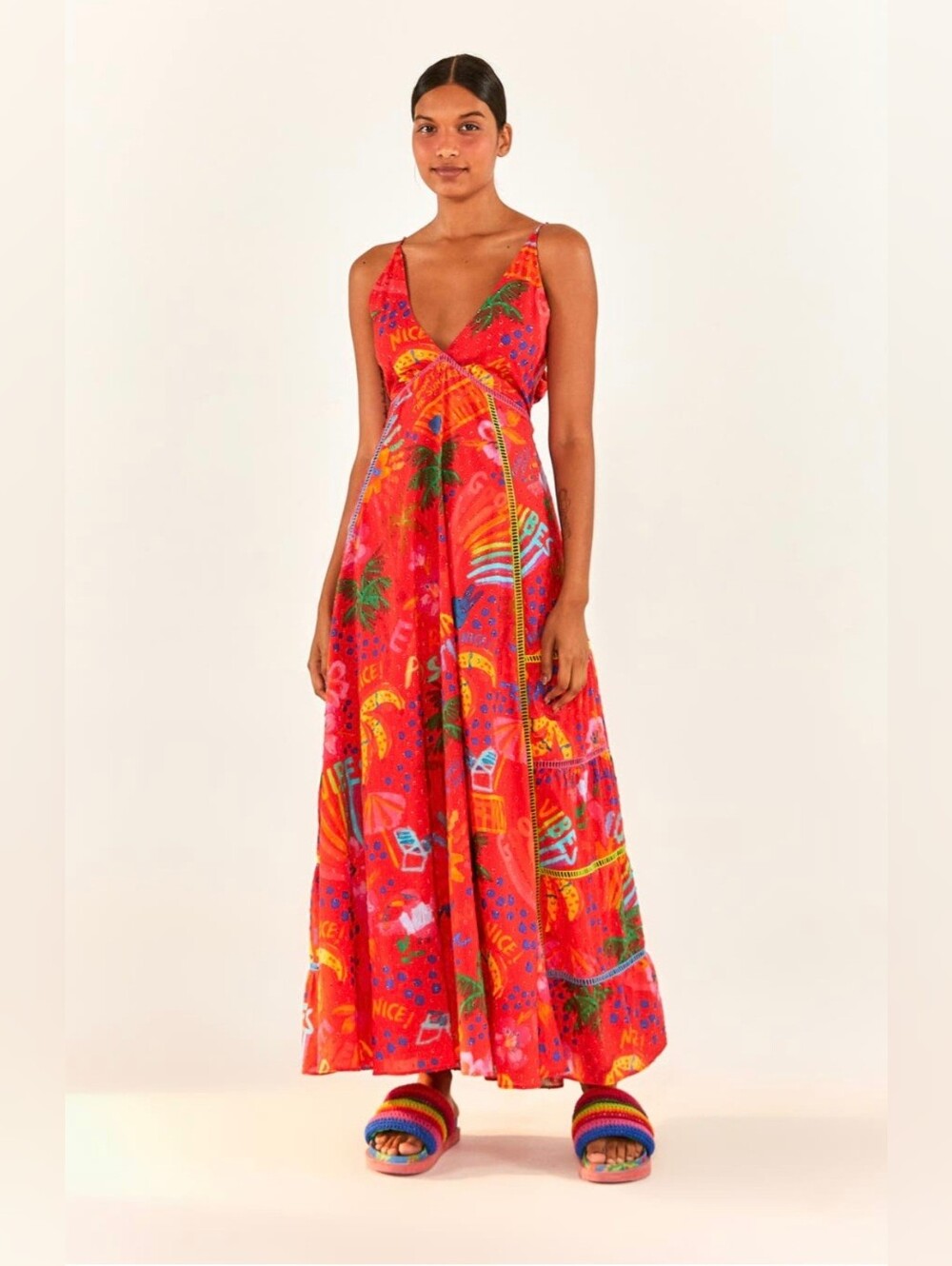 FARM Rio Red Good Vibes V-Neck Maxi Dress Cotton Tropical Tiered Boho